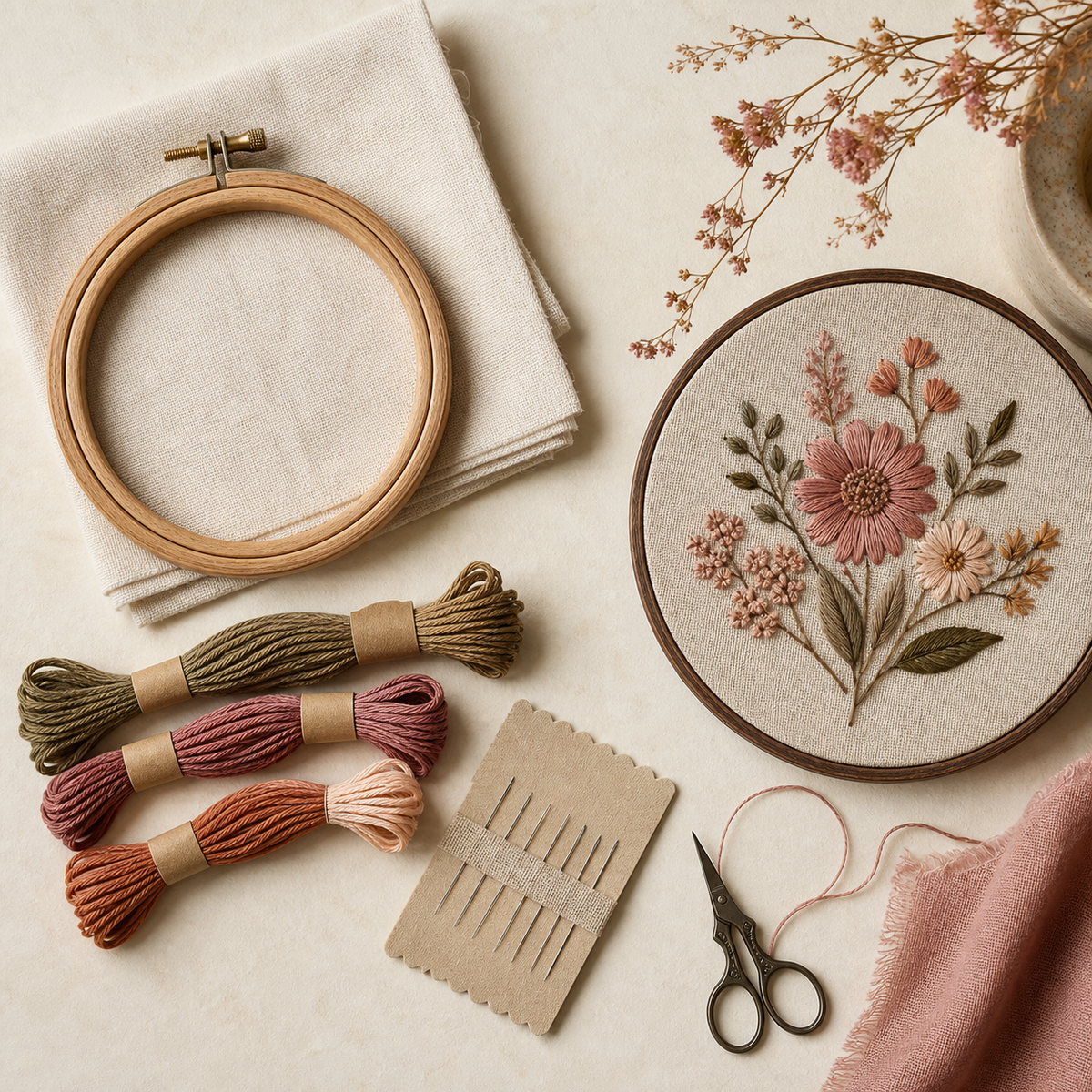 Embroidery kit materials arranged on warm linen