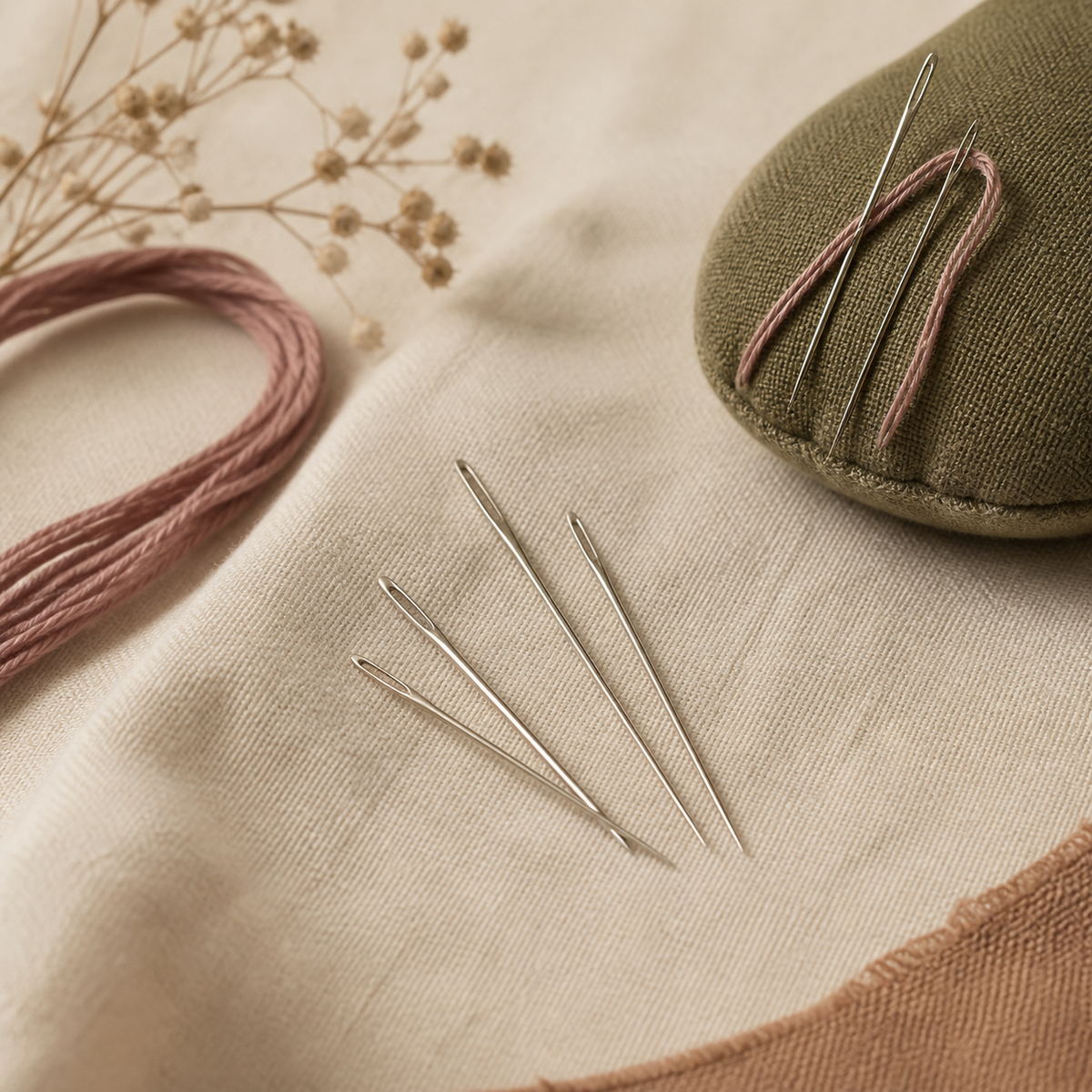 Embroidery needles, thread and pincushion on linen