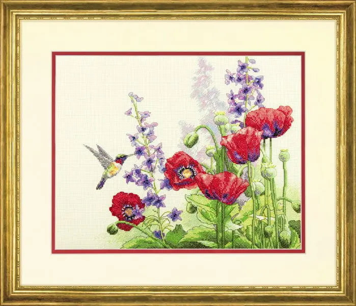 Dimensions brand "Hummingbird & Poppies" Counted Cross Stitch Kit (Item #70-35344)