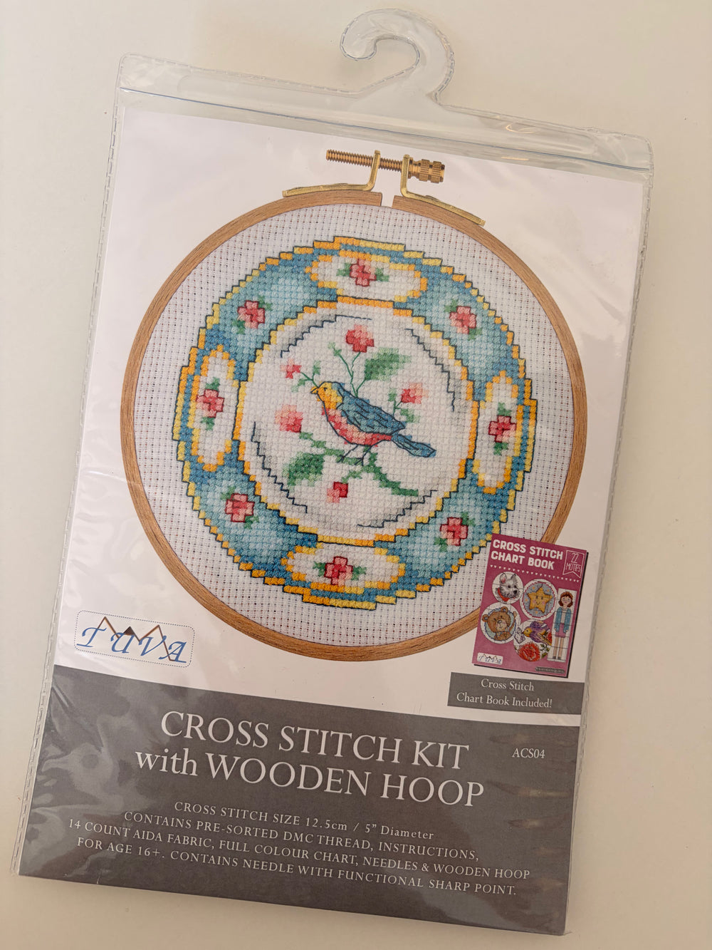 Tuva Cross Stitch Kit with Wooden Hoop 5'' / 12.5 cm  - Bird Plate