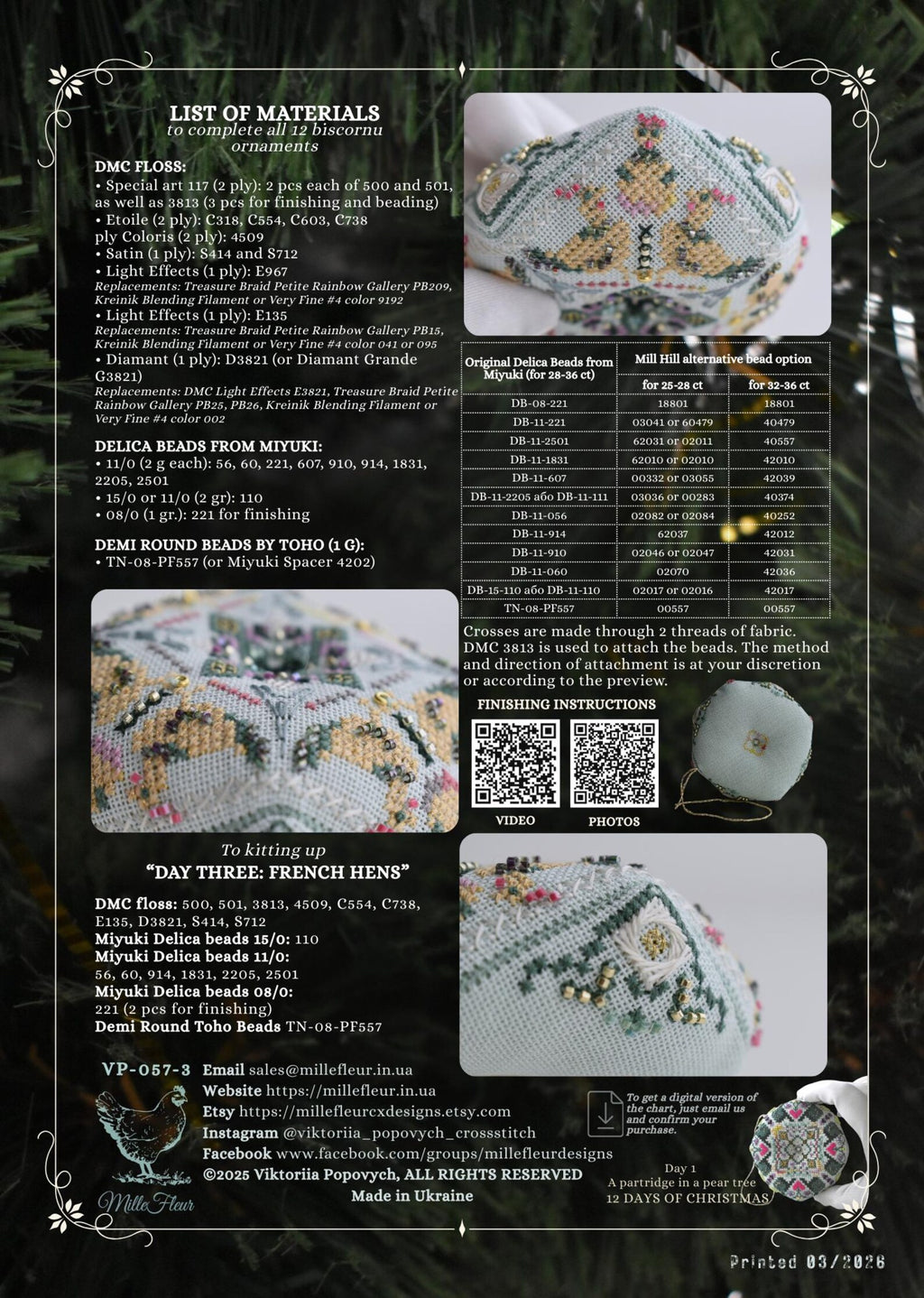 Mille Fleur VP-057-3 Day 3 French hens 12 days of Christmas