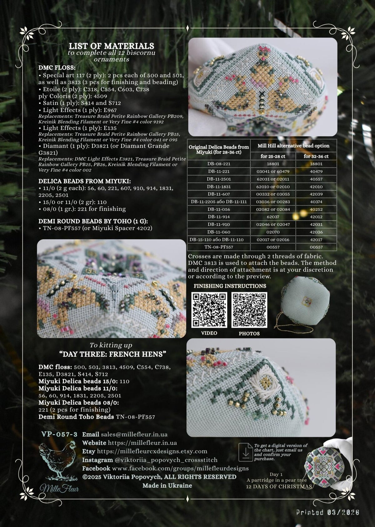 Mille Fleur VP-057-3 Day 3 French hens 12 days of Christmas