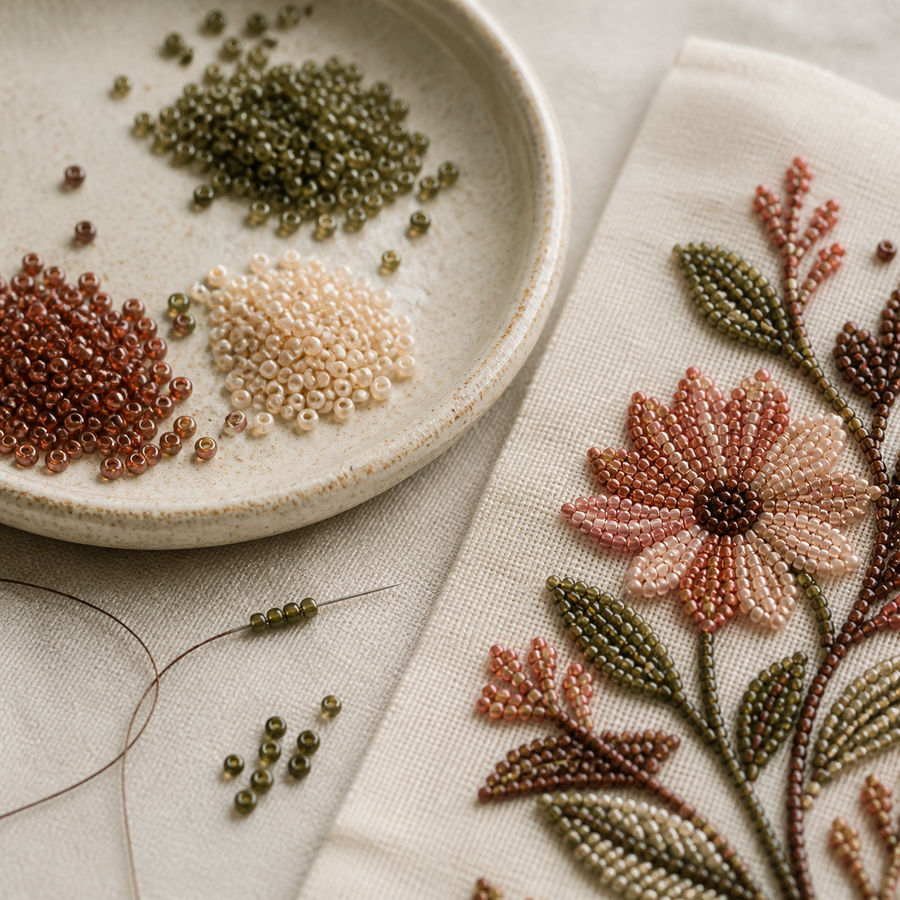 Seed beads and bead embroidery in muted colours