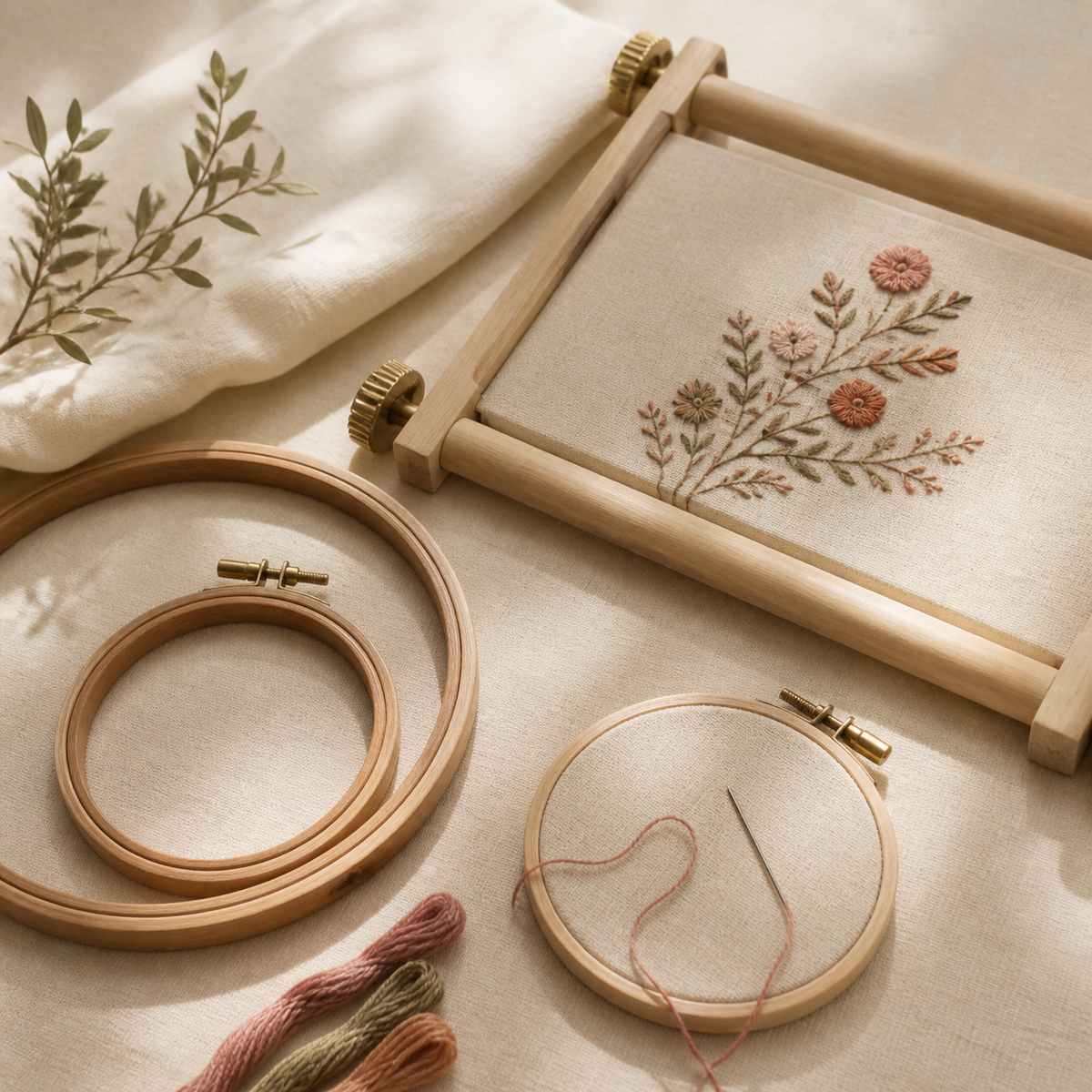 Wooden embroidery hoops and frame with botanical stitching