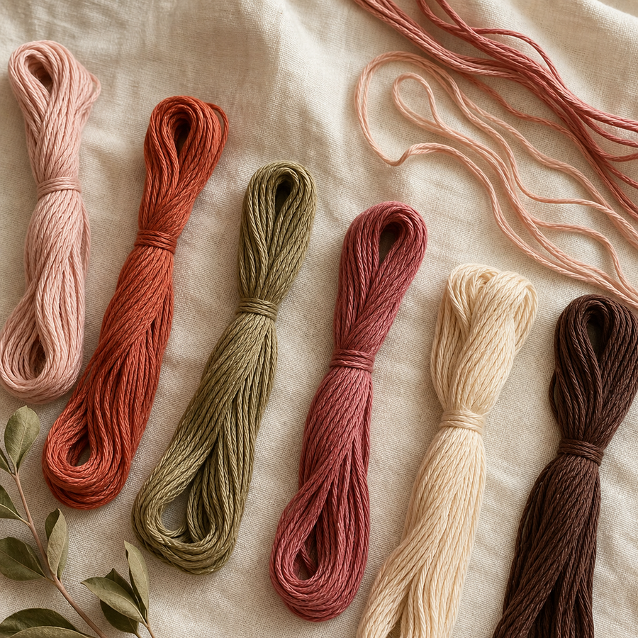 Embroidery threads arranged in The Craft Atelier palette