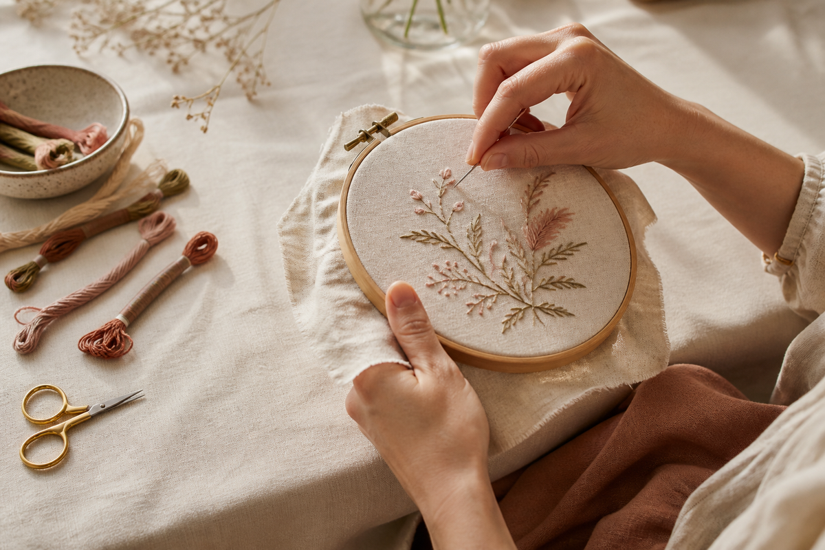 Hands stitching a botanical embroidery design with muted threads